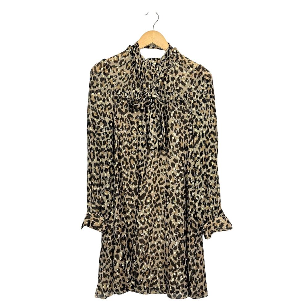 Kate Spade Mini Dress Womens Size 2 Beige Leopard Silk Blend Metallic Ruffle Dot